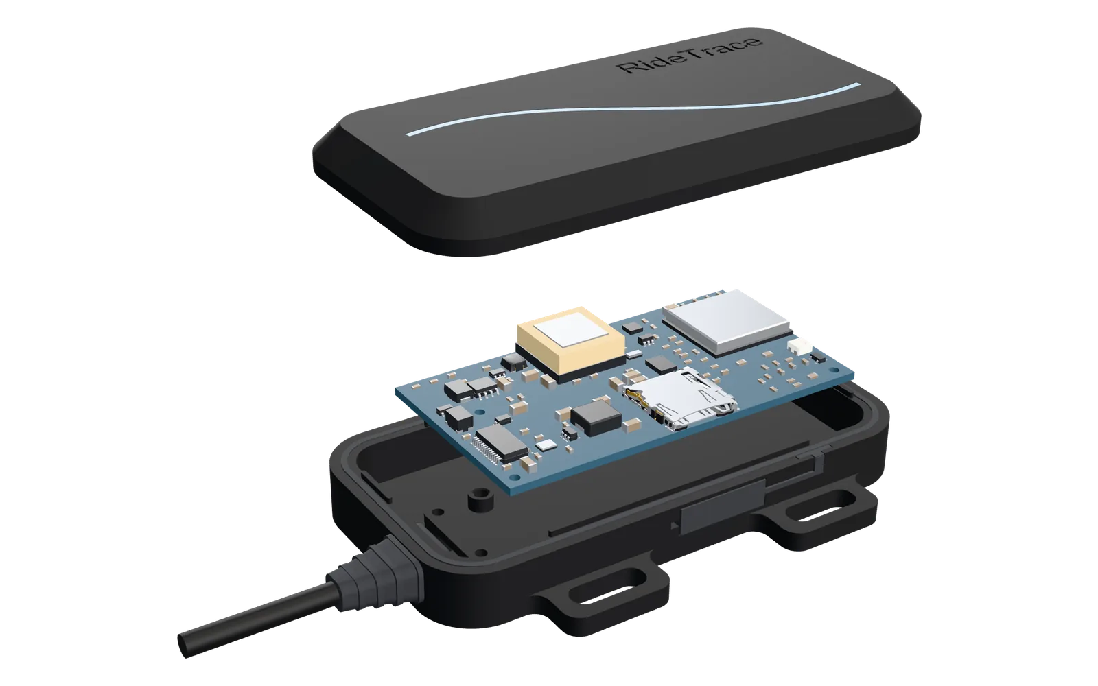 The RideTrace device taken apart: the lid lifted off and the electronics raised out of the case. The picture shows the GPS, the motion sensor, the bike connection, Wi-Fi and Bluetooth, the memory card, and the status light.
